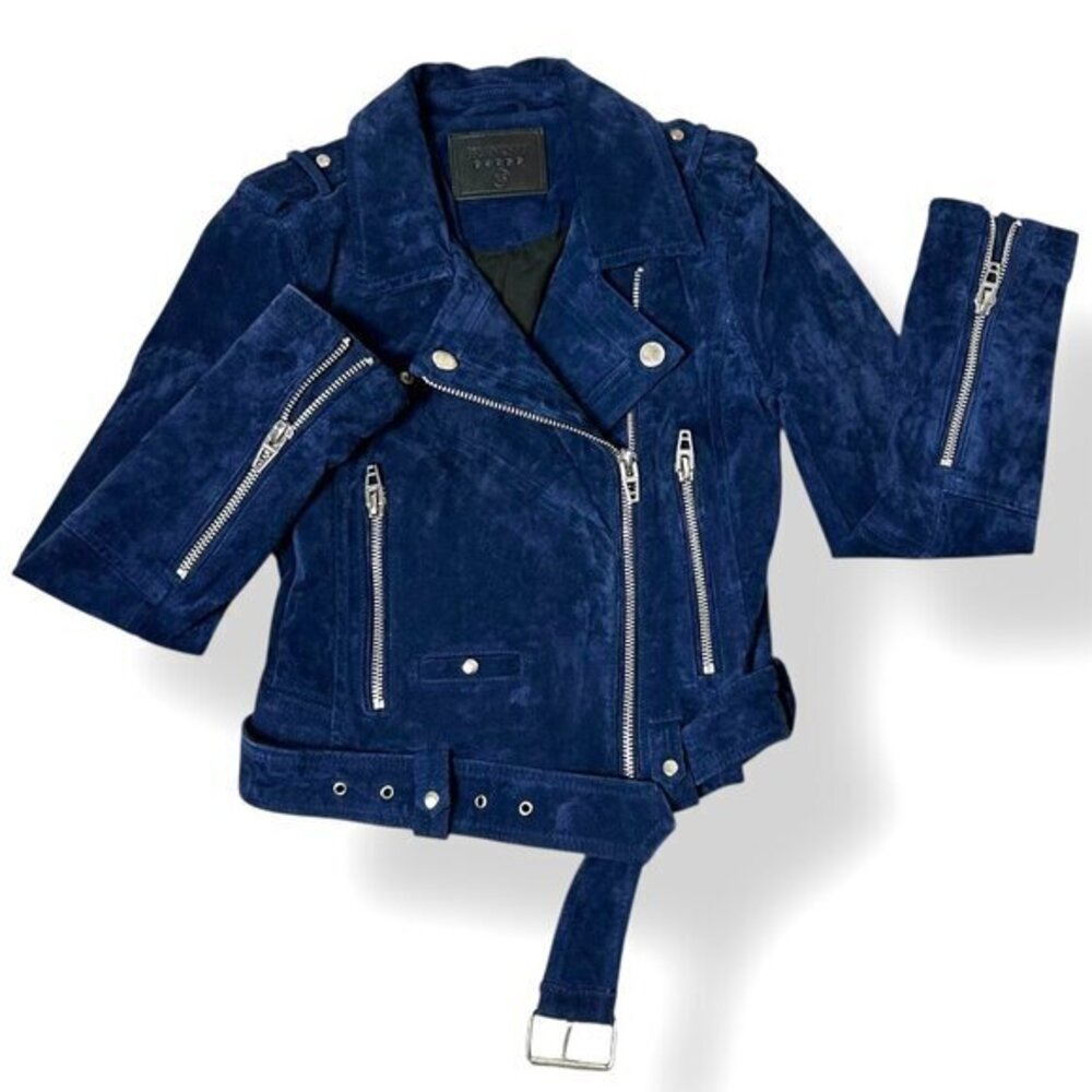 Blank NYC Royal Blue Navy Suede Moto Jacket Silver Tone Hardware Belted Sz XS